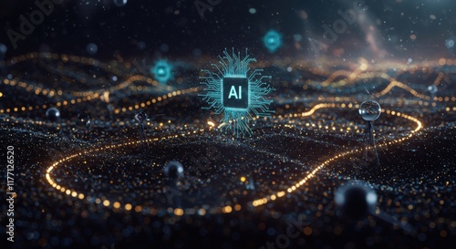 Abstract AI Artificial Intelligence Concept with Glowing Circuit Board and Data Stream