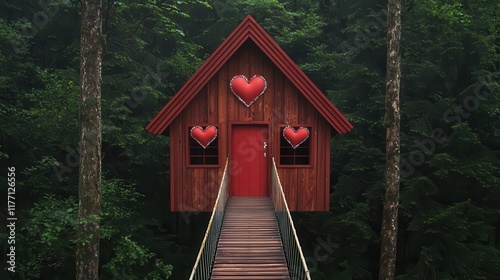 Treehouse with a heartadorned rope bridge and Valentinethemed decor, set in a serene forest setting photo