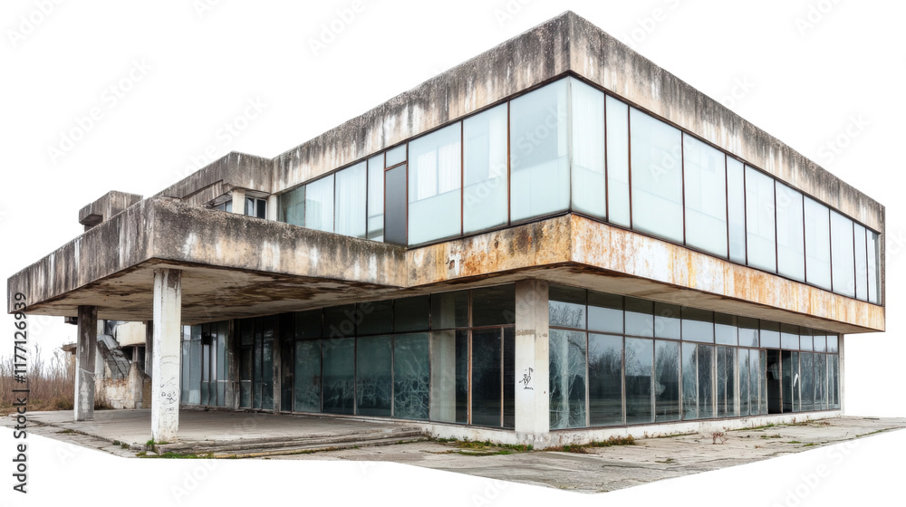 Deteriorating modernist building, weathered concrete and metal, nostalgic vibe , isolated on transparent background Deteriorating modernist building, weathered concrete and metal, nostalgic vibe , isolated on transparent background