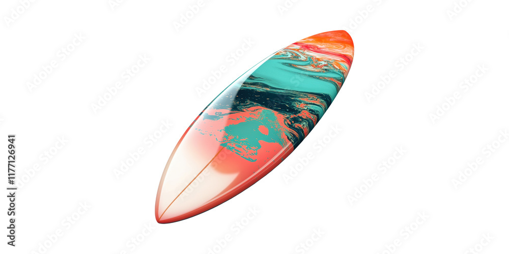 Colorful surfboard with abstract art isolated on transparent background