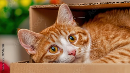 The cat curled up comfortably inside the empty cardboard box, peeking out with curious eyes as it enjoyed its cozy makeshift hideaway.