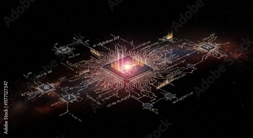 Futuristic Computer Chip with Glowing Light and Circuit Board on Black Background