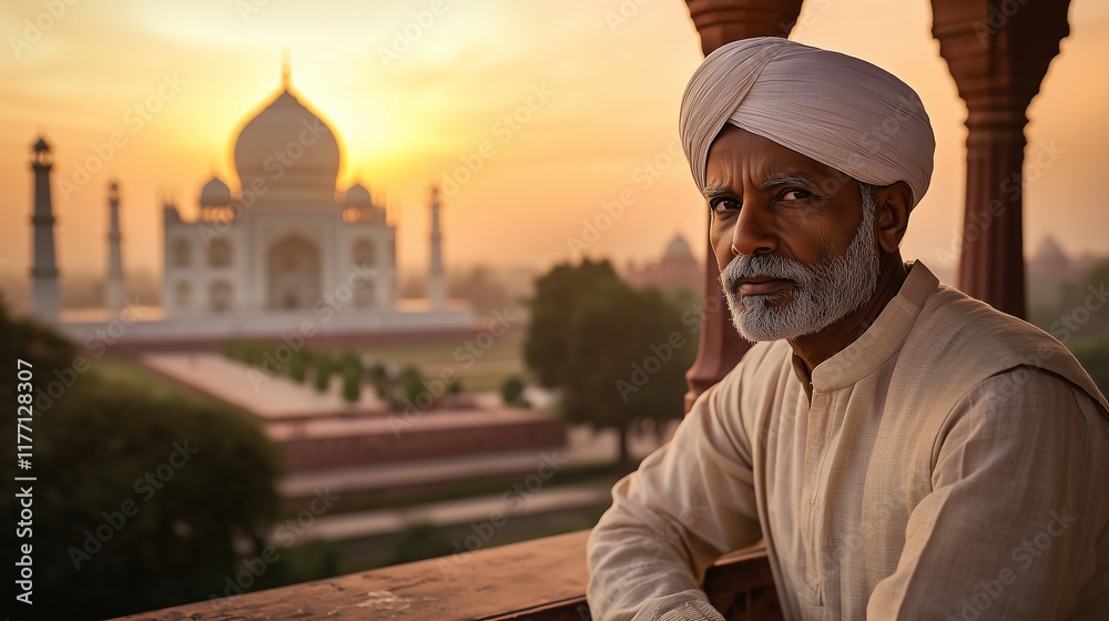 An Indian man in a turban and kurta, standing on a balcony overlooking the majestic Taj Mahal at sunset. The intricate architecture of the monument is reflected in the soft light,