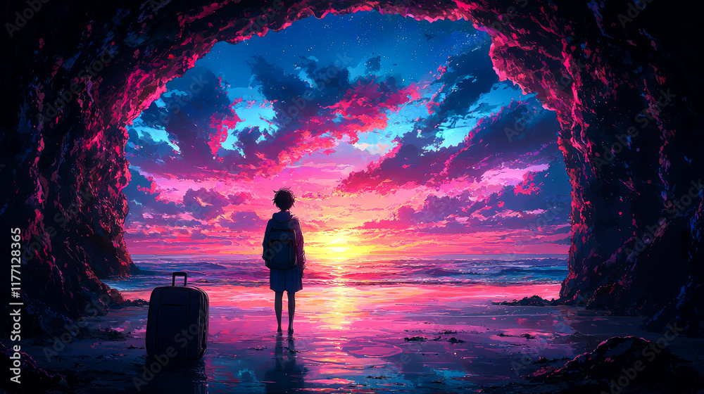 Fototapeta premium Spectacular Sunset Landscape: Person Silhouetted at Beach Cave Watching Vibrant Sky