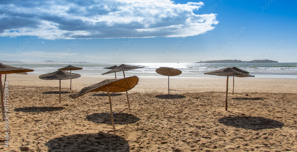 Palapas installed on the beach of Essaouira in the west of Morocco Palapas installed on the beach of Essaouira in the west of Morocco