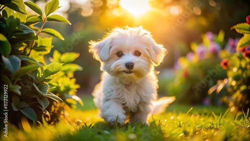 Adorable Maltichon Puppy Playing in Sunny Garden - Stock Photo photo