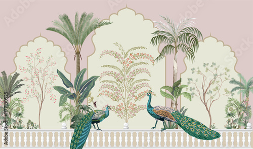 Traditional Mughal Background Design, Peacock, Tree, Seamless, Mughal Arch.