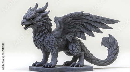 Grey dragon figurine studio shot, white background, fantasy game.