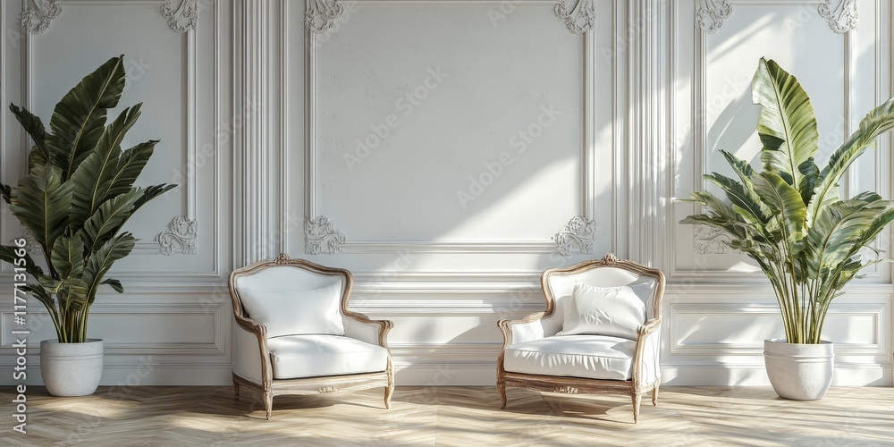 Fototapeta premium A luxurious classic interior featuring ornate white armchairs and elegant decor with soft natural lighting.
