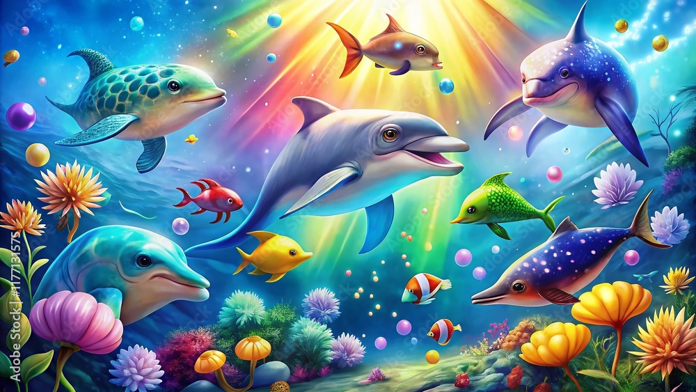 Fototapeta premium Adorable Ocean Animals Coloring Pages with Dreamy Bokeh Background