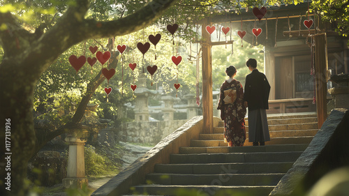 初春の神社でハート型おみくじと和装のカップル photo