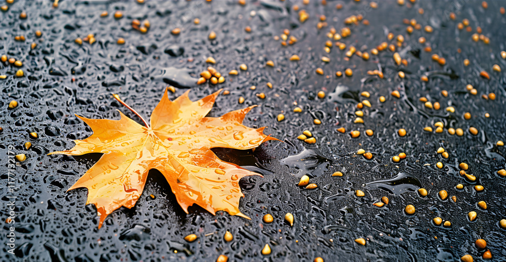 Wet autumn leaf on a dark surface with water droplets and scattered seeds
Wet autumn leaf on a dark surface with water droplets and scattered seeds