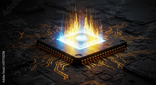Glowing Microchip with Fire and Circuit Board Detail