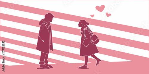 Illustration, valentine's day, girl walking to guy, around hearts. pink