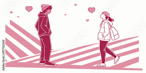 Illustration, valentine's day, girl walking to guy, around hearts. pink