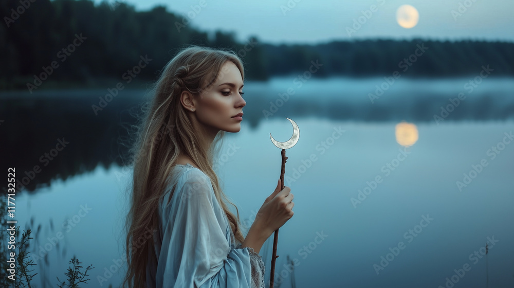 Cancer woman, dressed in a flowing medieval dress of pale blues and silvers, holding a crescent moon staff. She stands by a serene lake at dusk, with the reflection of a full moon Cancer woman, dressed in a flowing medieval dress of pale blues and silvers, holding a crescent moon staff. She stands by a serene lake at dusk, with the reflection of a full moon