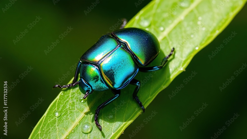 Naklejka premium Iridescent Green Beetle on a Dewy Leaf
