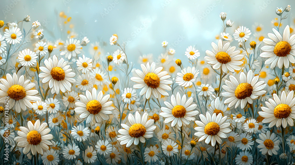 Fototapeta premium White Daisies in a Field: A Stunning Floral Image of Delicate Petals and Vibrant Yellow Centers. Perfect for nature lovers and those who appreciate beauty in simplicity.