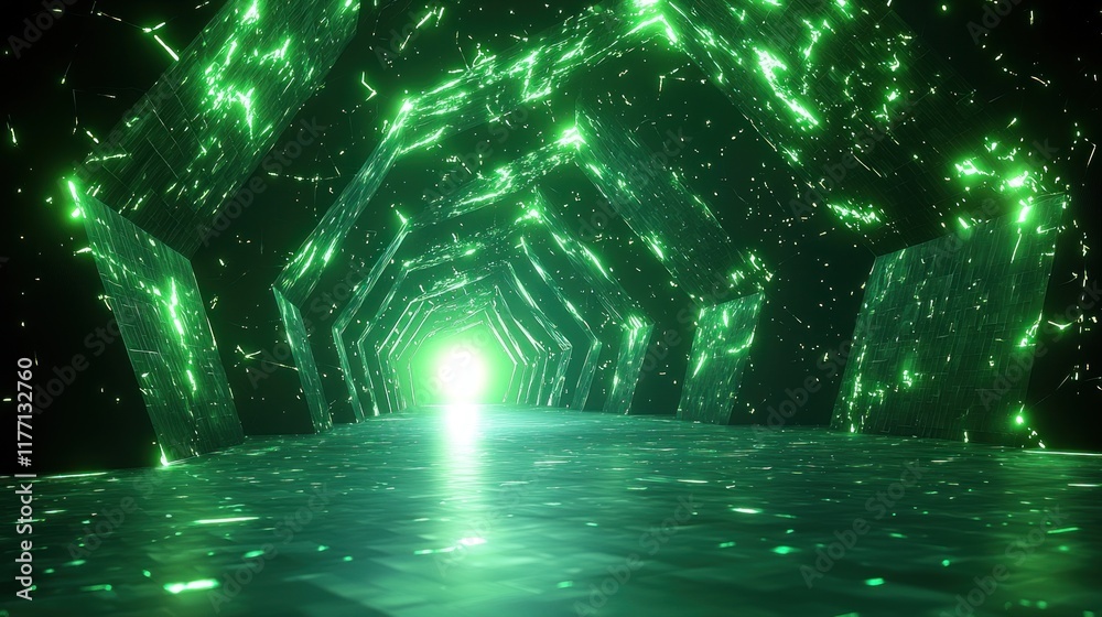 Glowing green crystalline tunnel with light at end, particles in air, reflective floor Glowing green crystalline tunnel with light at end, particles in air, reflective floor