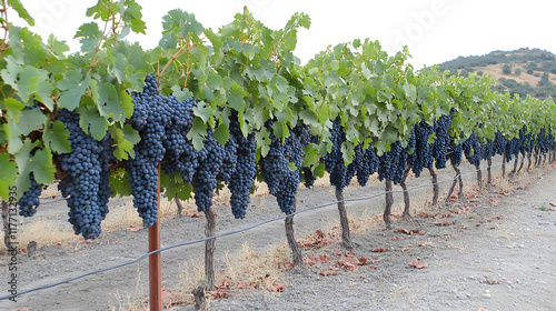 Row of grapevines ready for harvest. Grape harvest tips and techniques. Best practices for vineyard productivity. How to pick grapes like a pro. photo