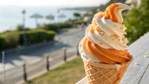 A soft swirl of orange and vanilla ice cream, beautifully layered in a delicate cone