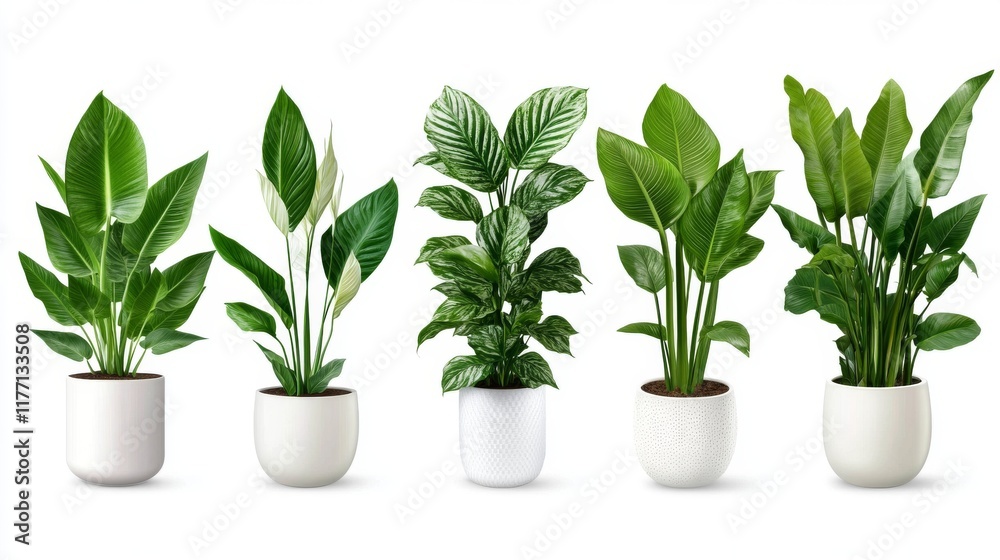 Obraz premium A set of air-purifying plants, including peace lily, snake plant, and bamboo palm, placed on a white background.