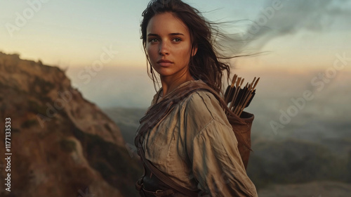 Sagittarius woman, wearing a medieval leather tunic and a quiver of arrows at her side, standing at the edge of a vast cliff with the wind blowing through her hair. The sky above h photo