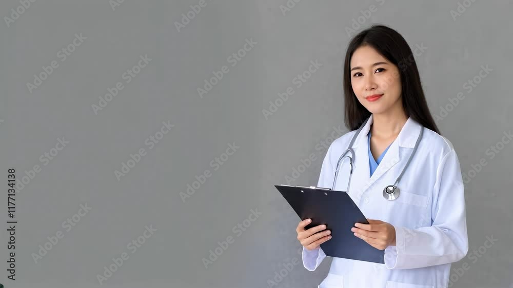 Smiling female doctor in white coat reviewing patient information on clipboard Smiling female doctor in white coat reviewing patient information on clipboard