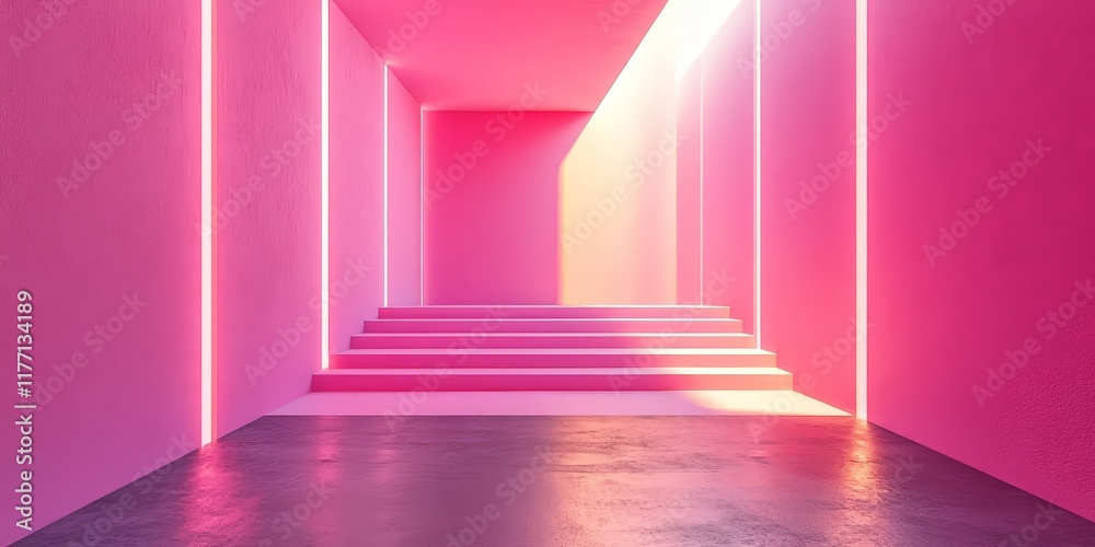 Obraz premium A bright and modern gallery with pops of pink lighting, evoking creativity and futuristic art styles.