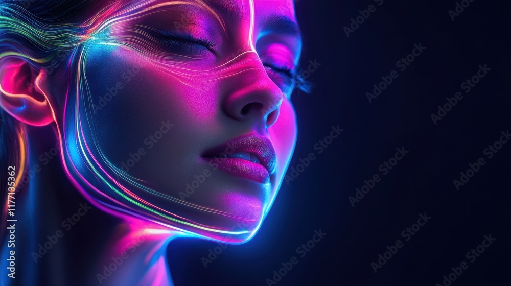 Neon Glow: A Portrait of Serene Beauty Illuminated by Vibrant Light Neon Glow: A Portrait of Serene Beauty Illuminated by Vibrant Light
