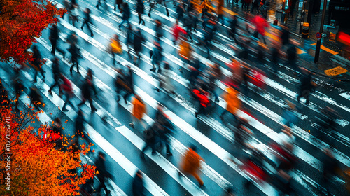 Motion blur photography captures the energy of a city street, where countless individuals traverse a crosswalk, creating a dynamic and abstract visual narrative of movement and speed.