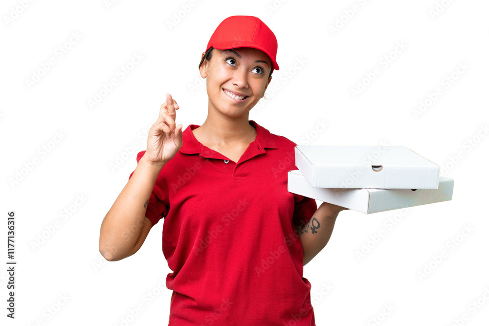 pizza delivery woman with work uniform picking up pizza boxes over isolated chroma key background with fingers crossing and wishing the best pizza delivery woman with work uniform picking up pizza boxes over isolated chroma key background with fingers crossing and wishing the best
