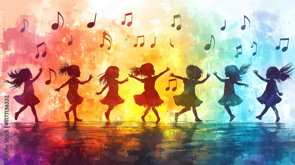 Naklejka premium A fun vector of kids dancing in a circle with musical notes and vibrant colors in the background