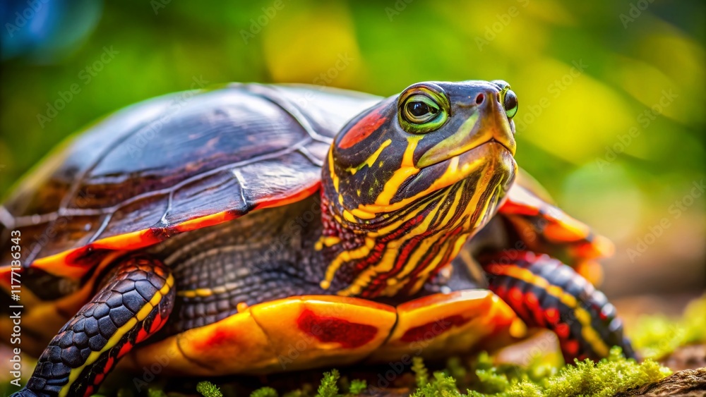 Obraz premium Adorable Red and Yellow Turtle with Bokeh Background - Stock Photo