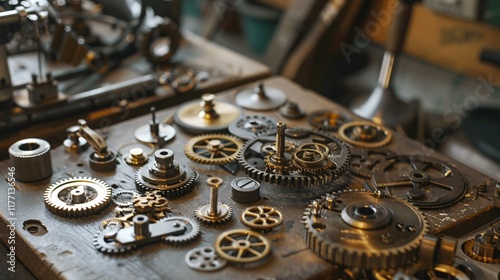 Detailed close up photography showcasing the intricate precision engineered mechanical gears and clockworks of a classic vintage timepiece or other antique machinery photo