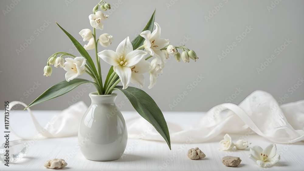 Fototapeta premium Minimalist White Lily Arrangement with Draped Fabric and Stone Accents