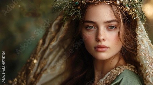 Taurus queen, calm and earthbound, wearing a crown of intertwined vines and emeralds. Her luxurious green and gold gown drapes elegantly, with a floral pattern symbolizing growth. photo