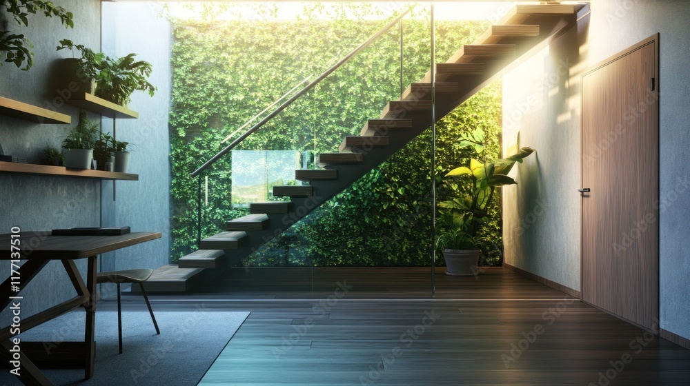 Obraz premium Modern Interior Design with Green Wall and Staircase