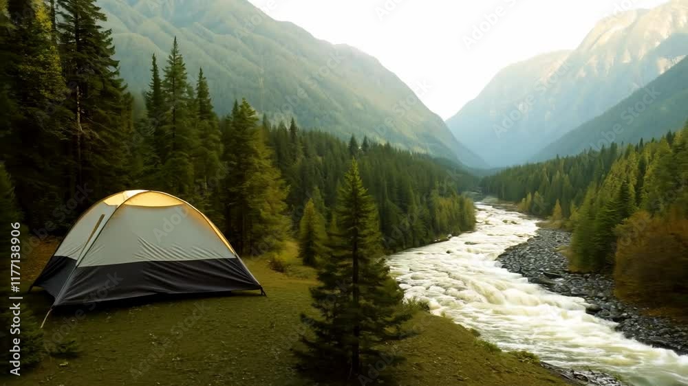 custom made wallpaper toronto digitalA lonely tent in the forest on the bank of a picturesque mountain river in the rays of the morning sun. Escape from the noise of the big city. A tranquil scene: a tent beside the flowing river.