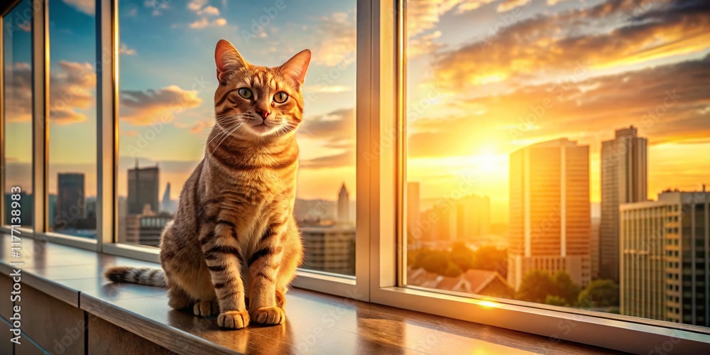 Obraz premium Adorable Smiling Cat Posing in Sunlit Architectural Setting