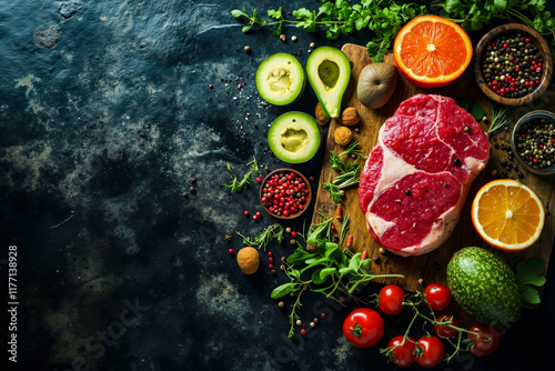 A wooden cutting board topped with meat, vegetables and fruits
