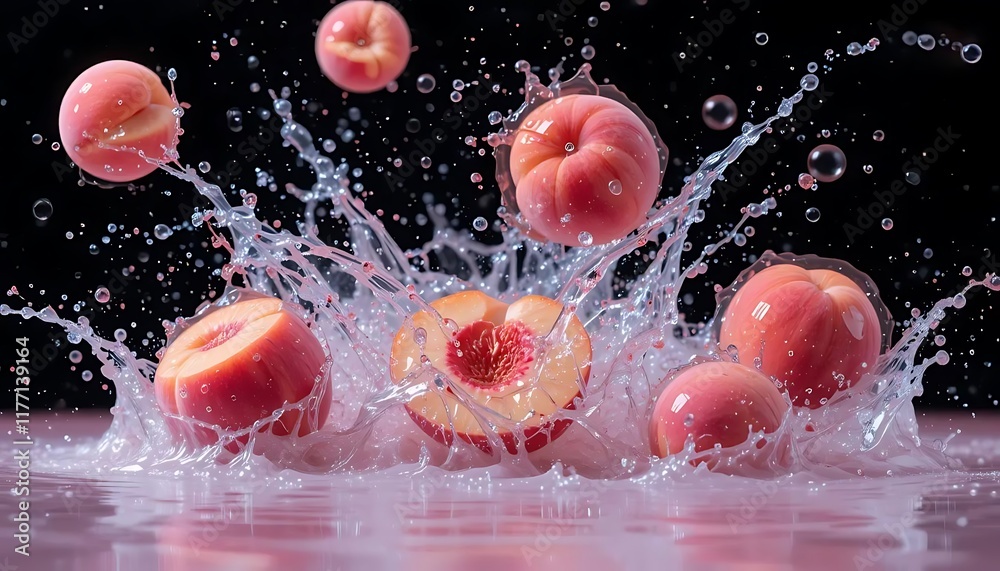 Fototapeta premium Peaches Splashing into Milk: A Delightful Summer Fruit Photography
