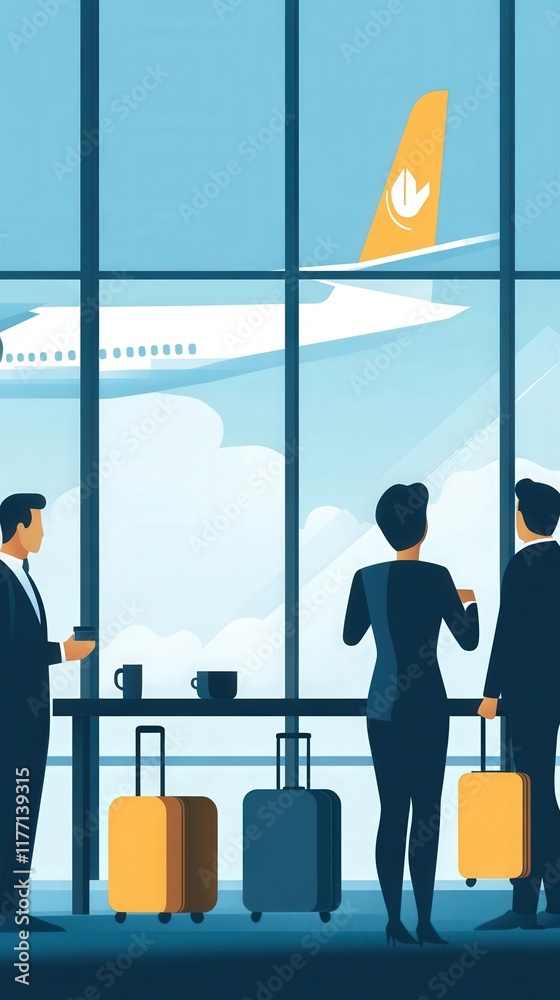 Obraz premium Business Travelers Observing Airplane Takeoff in Modern Airport Lounge with Luggage and Coffee at a Bright Sunny Day