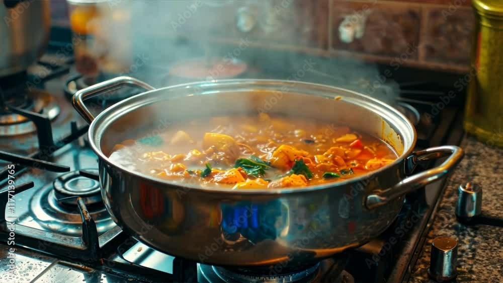 Steaming Pot of Vegetable Stew on Gas Stove Cozy Kitchen Meal with Vibrant Ingredients and Aromatic Food Creating Warm Atmosphere Steaming Pot of Vegetable Stew on Gas Stove Cozy Kitchen Meal with Vibrant Ingredients and Aromatic Food Creating Warm Atmosphere