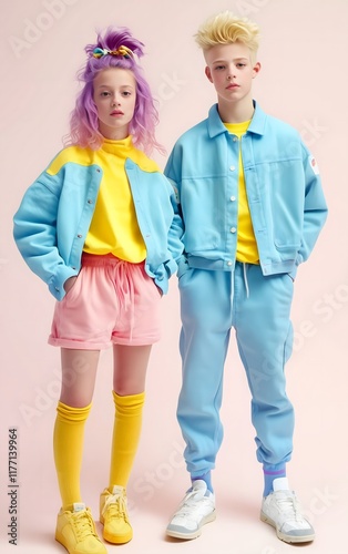 Two cute children, a boy and a girl, two teenagers laughing, having fun and posing together. Pastel background, youth and joy. Illustration. Generative AI. photo