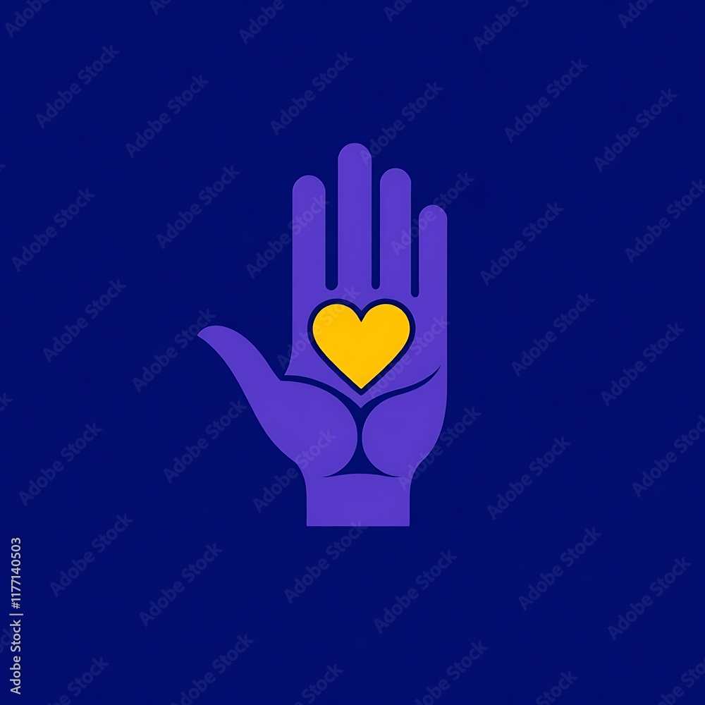 Fototapeta premium Hand of Kindness: A simple yet powerful illustration of a purple hand holding a yellow heart, symbolizing generosity, compassion, and love, set against a deep blue background. 