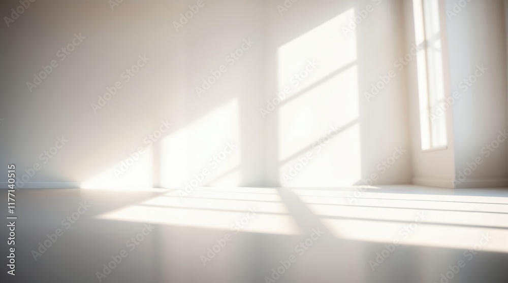 A minimalist interior with sunlight streaming through large windows, casting shadows on the floor. The room has a serene and peaceful atmosphere with soft, neutral colors.
