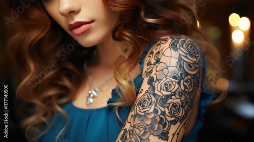 Beautiful tattooed woman on dark background