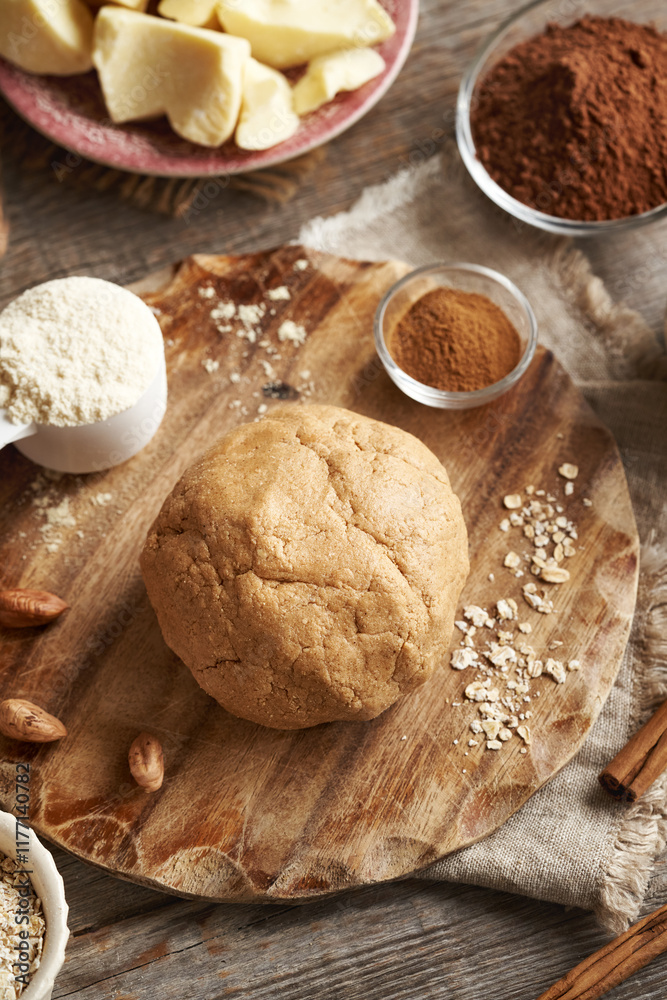 Ball of raw dough made of whey protein powder, ground oat flakes, maple syrup, cinnamon and nut butter - preparation of homemade protein bars