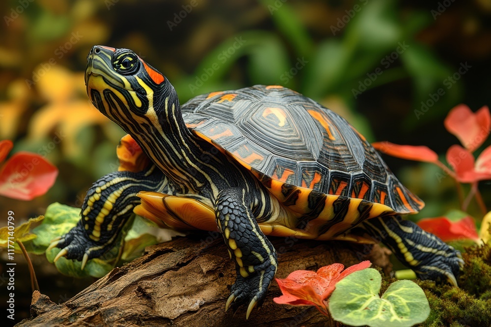 Colorful turtle resting on a log among lush green plants in a serene environment Colorful turtle resting on a log among lush green plants in a serene environment